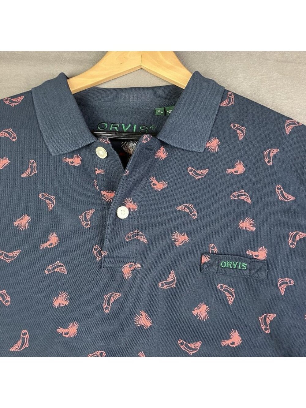 Orvis Men’s Size XL Polo Shirt Navy Blue Trout Fly Fishing Pattern Short Sleeve